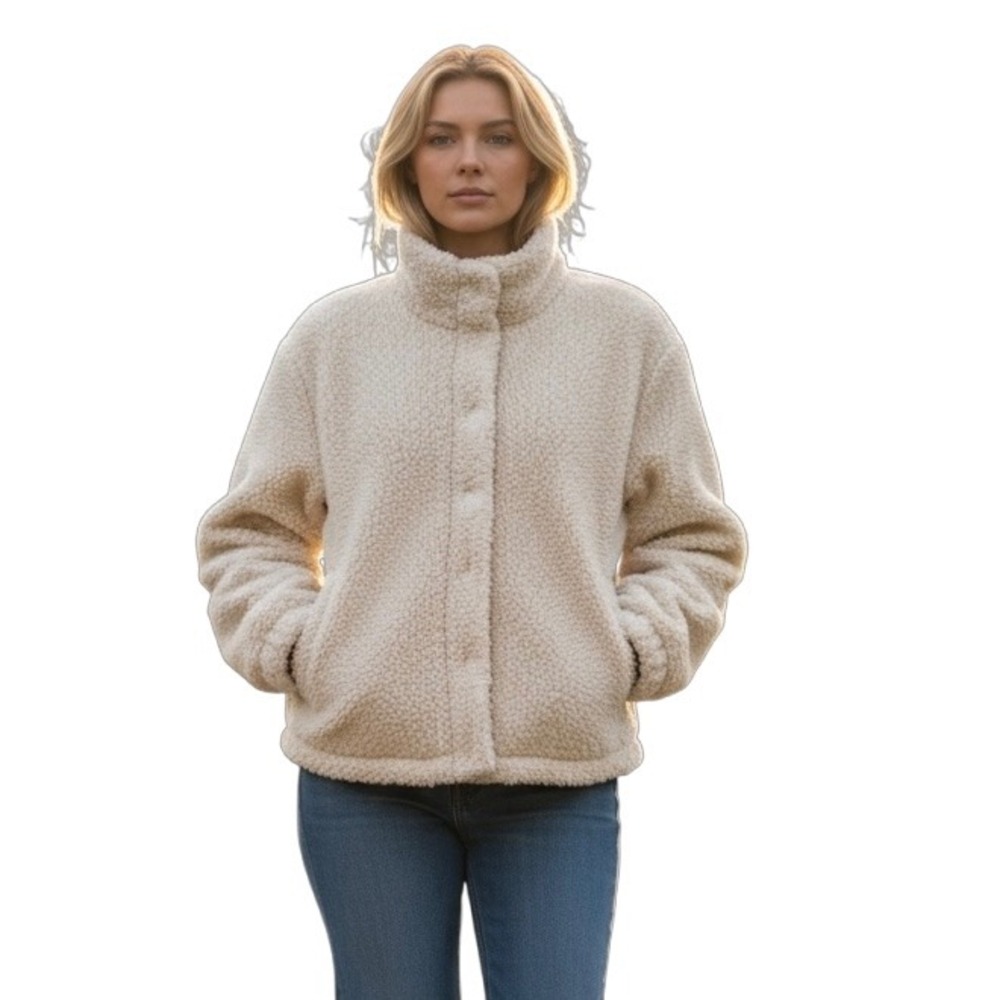 ASOS Design Womens Beige Cream Teddy Fleece Snap Front Jacket Size 14